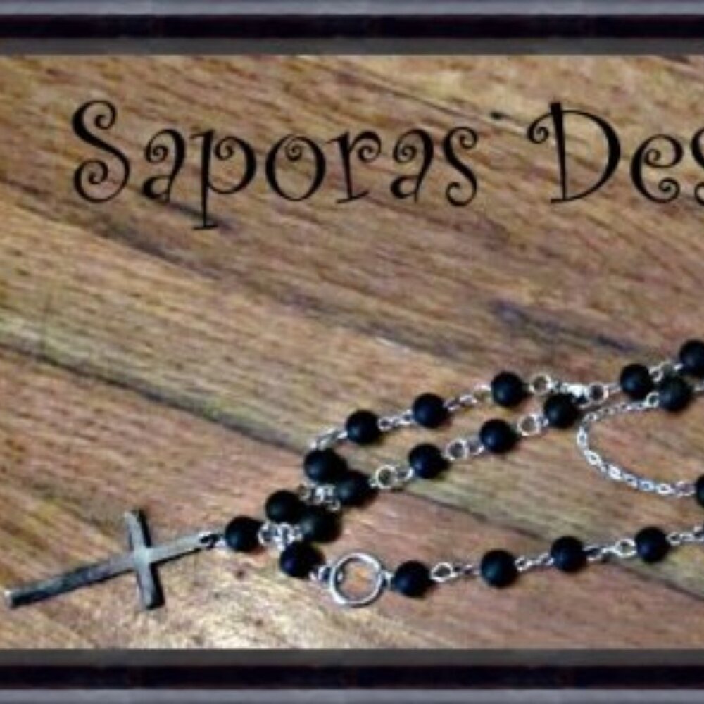 Silver Tone Rosary Black Bead Stranded Prayer Necklace With Cross Charms